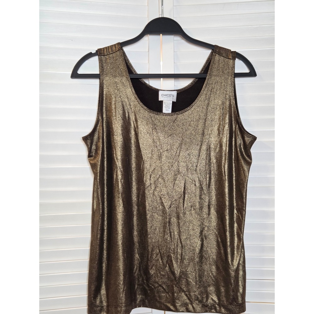 Chicos Travelers Metallic Gold Tank Top Size 2 L Sleeveless Shimmer Scoop Neck